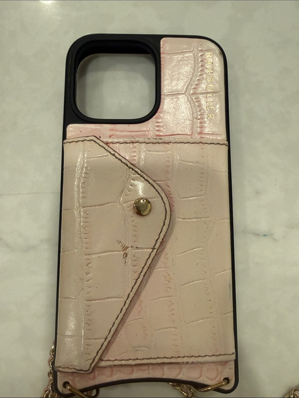 Bandolier iPhone 16 Pro Max Case in pink snake skin with Gold Chain - Picture 4 of 10